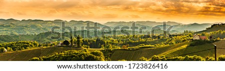 Panoramic view at famous wine street in south styria, Austrian destination, tuscany like vineyard hills. Tourist destination