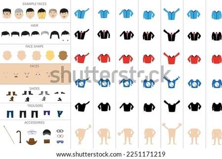Flat People Pack allows you to create characters in different positions with different accessories and colors, you can mix all the pieces to create faces, clothes, objects creating a multitude of diff