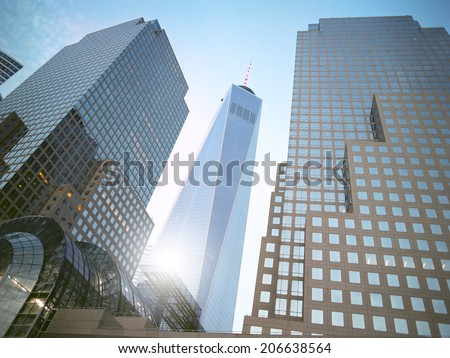 USA - July 5, 2014: The New York City skyscrapers - looking up. Freedom Tower, Lower Manhattan, NYC.
