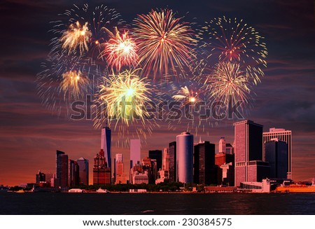 Fireworks above the Manhattan, New York City.