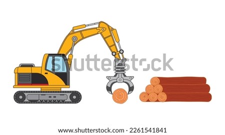 Vector illustration color children construction hydraulic grabber claw excavator with wood logs and construction worker