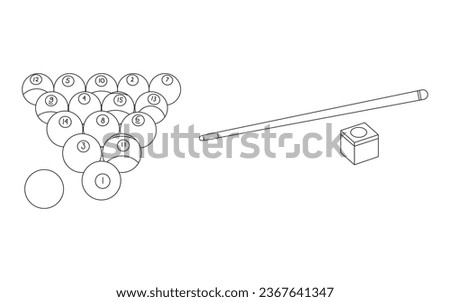 Hand drawn Cartoon Vector illustration biliard balls, chalk and biliard cue sport icon Isolated on White Background