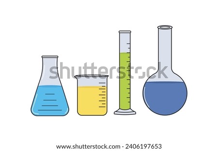 Vector illustration set of  medical chemical glass, beaker glass,erlenmayer flask scientific in doodle style