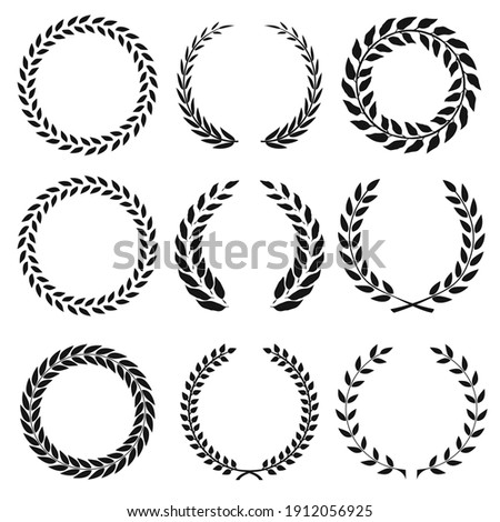 Set of black and white rounded laurel foliate and wheat wreaths Foto stock © 