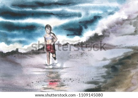 The girl runs along the seashore. Watercolor seascape.
