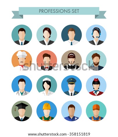 A set of professions people. Circle flat style icons. Occupation avatar. Business, medical, web, call center operator, workers. Vector illustration