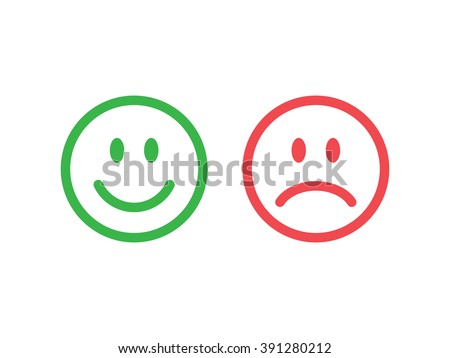Set of smile emoticons isolated on white background. Line icons emoticons. Happy and unhappy smileys. Emoji set. Green and red color. Vector illustration