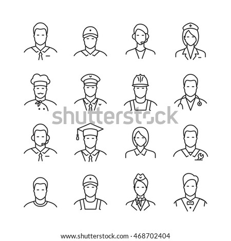 A set of professions people. Flat style line icons. Occupation avatar. Business, medical, web, call center operator, workers. Vector illustration