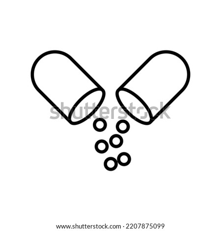 Pill line icon. Opened, active ingredient, powder, loose, tablet, medicine, prescription, pharmacy, Healthcare concept. White background. Vector line icon for Business and Advertising