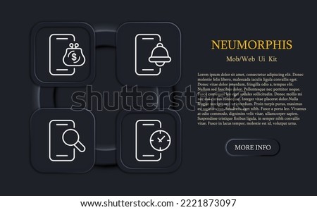 Phone button set icon. Wallet, internet banking, search, magnifier, alarm clock, notification, warch, time management, punctuality. Smartphone concept. Neomorphism. Vector line icon