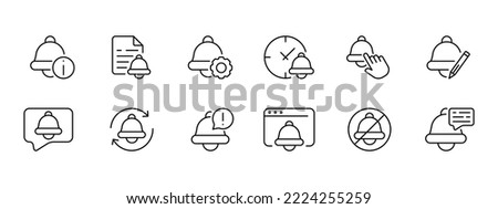 Bell set icon. Alarm clock, reminder, file, event scheduling, setting, notification, allert, restart, ringtone, silent mode, important notice, time management. Punctuality. Vector black set line icon