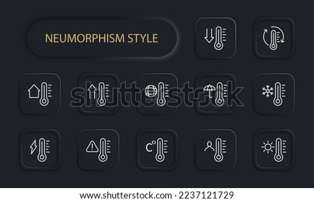 Thermometer icon set. Low high temperature, weather forecast, degrees Celsius, cold protection. Weather concept. Neomorphism style. Vector line icon for Business