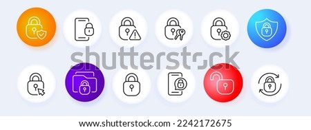 Lock for personal data icon set. Phone password, database protection, sync, phone, unlock, cursor, security system, gear, shield. Privacy concept. Neomorphism style. Vector line icon for Business