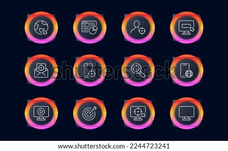 Targeted advertising icon set. Marketing, tv, banner, product, money, television, pause, sale, poster. Add concept. Pastel color background. Vector line icon for business