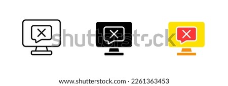 Computer with speech bubble and cross. Deny, reject, cancel, ban, communication, consultation, online. Vector set icon in line, black and colorful styles isolated on white background