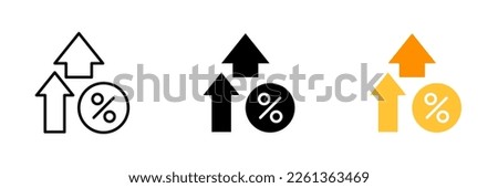 Up arrows with percent sign. Growth of shares, shop, rise in price, trade, stock exchange, currency, money, spending. Vector set icon in line, black and colorful styles isolated on white background