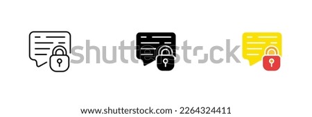 Message icon with lock sign. Online blocking by IP, ban on chatting, stop bullying. Vector set of icons in line, black and colorful styles isolated on white background.
