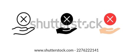 Hand with a cross icon, which may represent the action of stopping or cancelling something. Vector set of icons in line, black and colorful styles isolated.