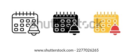 A calendar icon featuring a small alarm clock, indicating a scheduled event or deadline. Vector set of icons in line, black and colorful styles isolated.