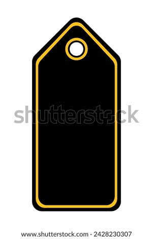 Black label with yellow elements. Discount, price tag, pentagonal shape, empty, space for your text, sale, shopping, store, boutique, place, blank, sell, purchase, buy, buyer, customer. Vector