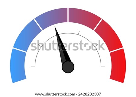 Speedometer with color scale and less than average value. Measure, needle, speed, temperature, fast, slow, hot, cold, loading, upload, download, intensity, bandwidth, frequency. Vector illustration