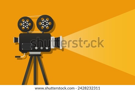 Turned on video camera with two rolls of tape, shadow in the background. Film, cinema, director, movie, set, tripod, equipment, lens, reel, projector, transparent light. Vector illustration