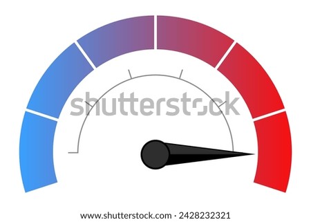 Speedometer with color scale and maximum value. Measure, needle, speed, temperature, fast, slow, hot, cold, loading, upload, download, intensity, bandwidth, frequency. Vector illustration