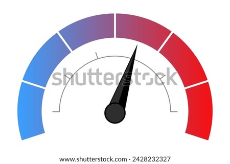 Speedometer with color scale and above average value. Measure, needle, speed, temperature, fast, slow, hot, cold, loading, upload, download, intensity, bandwidth, frequency. Vector illustration