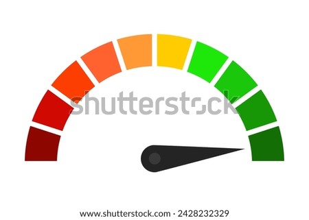 Speedometer with color scale and maximum value. Measure, needle, speed, temperature, fast, slow, hot, cold, loading, upload, download, intensity, bandwidth, frequency. Vector illustration