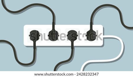 Surge protector with plugged in plugs. Wire, socket, cable, adapter, four ports, 4, electricity, wiring, lighting, power, in out, electrical appliance, charge, shadow on wall. Vector illustration