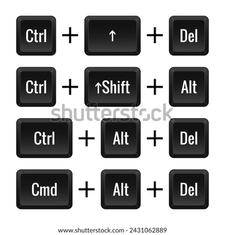 Keyboard combinations. Ctrl, Shift, Del, Alt, Cmd. Hotkeys, control, macro, shortcut, command, input, enter, type, layout, computer, laptop key, functional. Vector illustration
