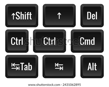 Computer keys. Shift, arrow up, del, ctrl, control, cmd, command, tab, tabulation, alt. Hotkeys, combination, macro, shortcut, input, enter, type, layout, computer, laptop. Vector illustration