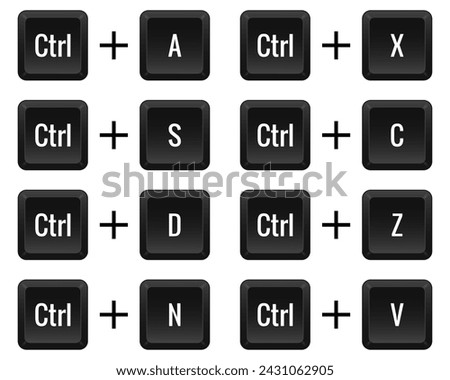 Keyboard combinations. Ctrl with A, S, D, N, X, C, Z, V. Hotkeys, control, macro, shortcut, command, input, enter, type, layout, computer, laptop key. Select all, save, new, cut off, copy, undo, paste