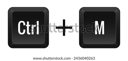 CTRL M Key combination. Keyboard, control, computer, shortcut, laptop, functional, input device, peripheral, enter the text, typing, type, hotkeys, layout, language, qwerty. Vector illustration