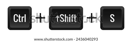 CTRL Shift S Key combination. Keyboard, control, computer, shortcut, laptop, functional, input device, peripheral, enter the text, typing, type, hotkeys, layout, language, qwerty, save. Vector