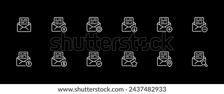 Messages icon set. Mail, text, cross, tick, GPS, delivery, postal, money, dollar. White line icon on black background. Vector line icon for business and advertising