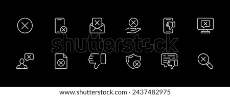 Cancel icon set. Message, thumbs down, magnifying glass, prohibition, smartphone, parental control. White line icon on black background. Vector line icon for business and advertising