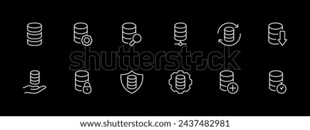 Banking icon set. Deposit, plus, timer, lock, shield, coin, stack. White line icon on black background. Vector line icon for business and advertising