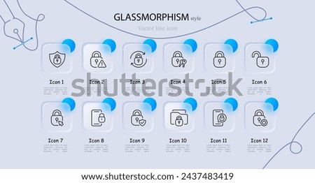Keyhole icon set. Password, security, smartphone, check mark, folder, key, mouse. Glassmorphism style. Vector line icon for business and advertising
