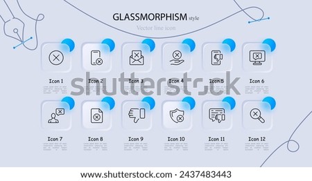 Cancel icon set. Cross, smartphone, mail, message, monitor, button, file, shield, thumbs down. Glassmorphism style. Vector line icon for business and advertising