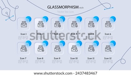 Mail icon set. Information, email, tick, minus, cross, mailbox, corporation. Glassmorphism style. Vector line icon for business and advertising