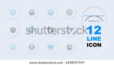 Emoji line icon set. Sadness, air kiss, wink, falling in love, emotion, communication, laughter, heart, smile, joy, chat. Neomorphism style. Vector line icon for Business
