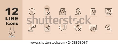Cancel icon set. Message, thumbs down, magnifying glass, prohibition, smartphone, parental control. Pastel color background. Vector line icon for Business