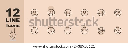 Emoji icon set. Wink, surprise, opening eyes, blowing a kiss, smiling, happiness. Pastel color background. Vector line icon for Business