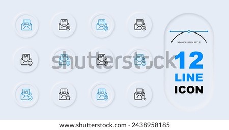 Mail line icon set. Information, correspondence, postman, gear, setting, minus, loading. Neomorphism style. Vector line icon for Business