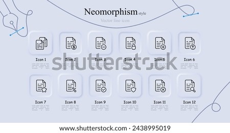 File line icon set. Dollar, asterisk, lock, percentage, password, minus, loading, information, data, information. Neomorphism style. Vector line icon for Business