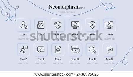 Verification line icon set. Checkmark, shield, confirmed user, monitor, image, video call. Neomorphism style. Vector line icon for Business