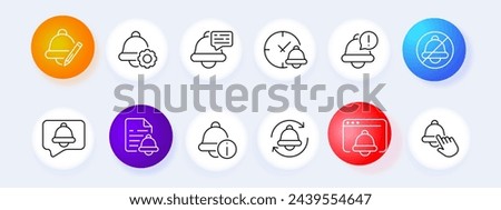 Bell icon set. Pencil, clock, alarm, notification, reminder, file, message, settings. Neomorphism style. Vector line icon for business and advertising