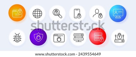 Internet icon set. Bug, website, password, security, smartphone, antivirus, shield, modem, magnifying glass. Neomorphism style. Vector line icon for business and advertising