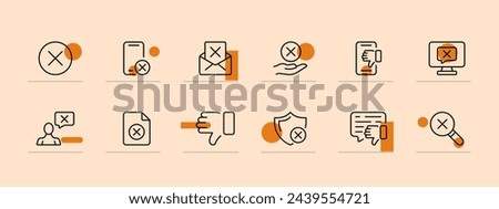 Cancel icon set. Message, thumbs down, magnifying glass, prohibition, smartphone, parental control. Pastel color background. Vector line icon for business and advertising